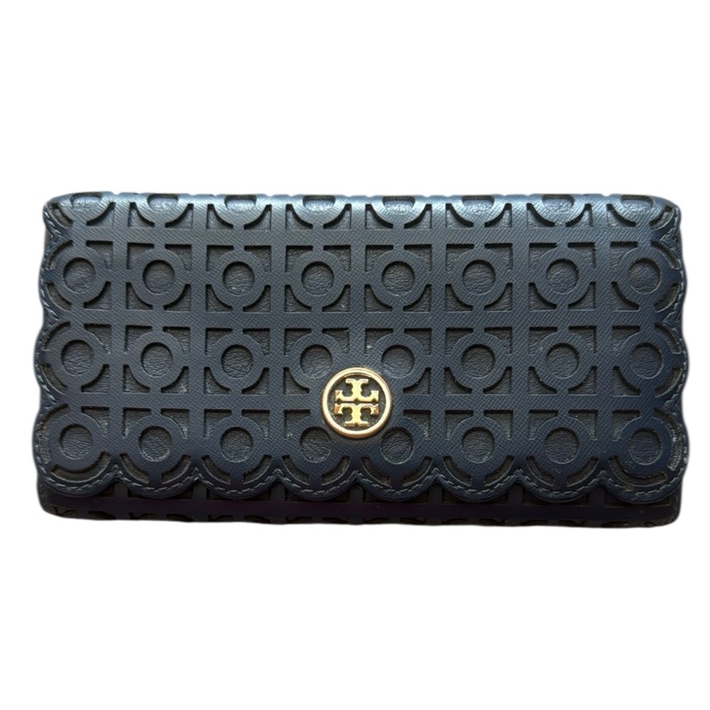 Tory Burch Navy Blue T Monogram Laser Cut Scalloped Wallet Clutch Gold hardware